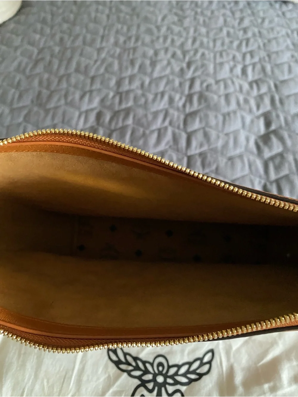 MCM Cognac Embossed Visetos Leather Shoulder Tote